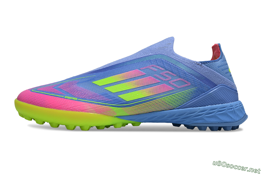 Unisex Adidas F50 Pro Laceless TF Football Shoes - Blue/Neon Green/Fluorescent Pink 0