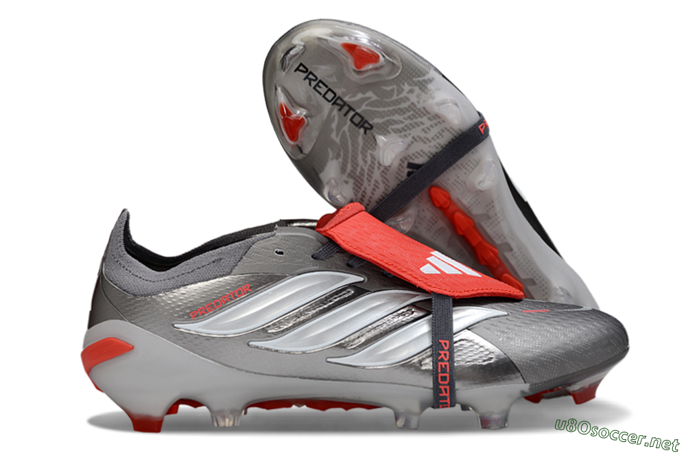 Men's Adidas Predator 26 Elite Fold-Over Tongue FG Football Boots - Gray/Bright Red/Metallic Silver 2
