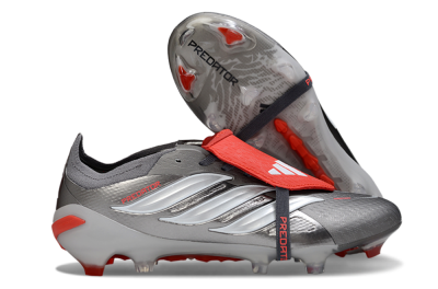 Men's Adidas Predator 26 Elite Fold-Over Tongue FG Football Boots - Gray/Bright Red/Metallic Silver
