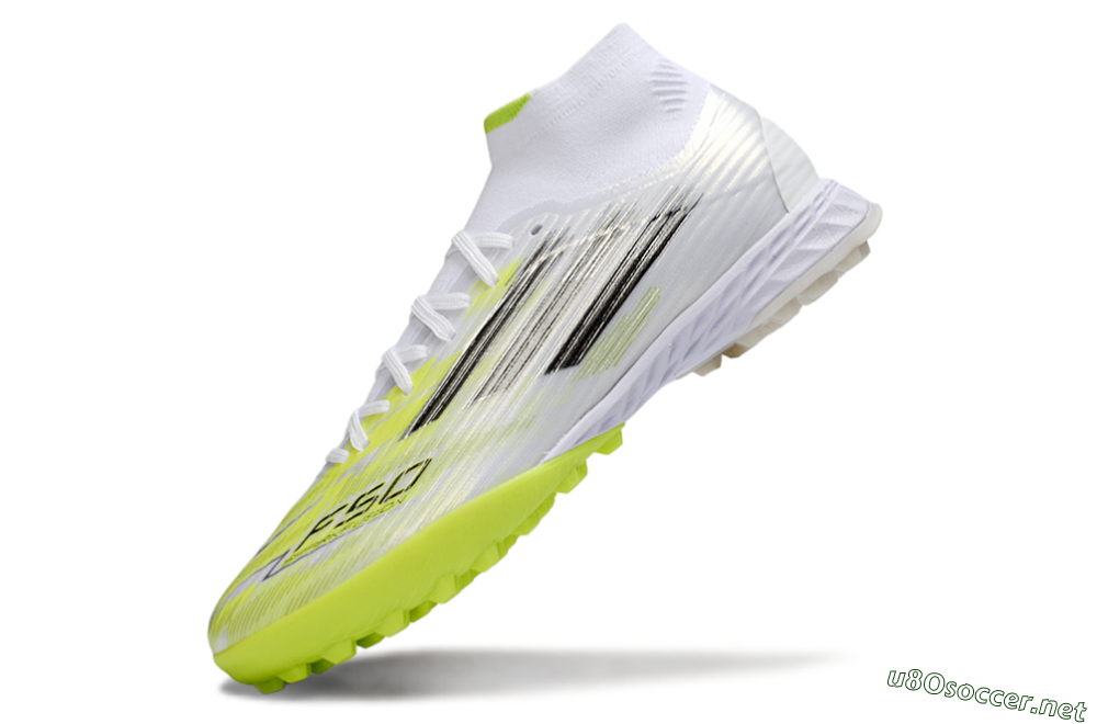 Men's Adidas F50 Pro Mid TF Football Shoes - White/Electric Lime/Neon Yellow 5
