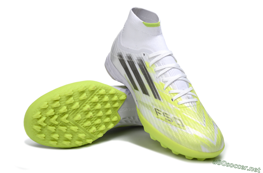 Men's Adidas F50 Pro Mid TF Football Shoes - White/Electric Lime/Neon Yellow 3