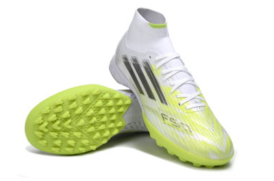 Men's Adidas F50 Pro Mid TF Football Shoes - White/Electric Lime/Neon Yellow