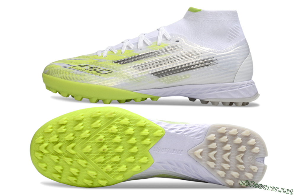 Men's Adidas F50 Pro Mid TF Football Shoes - White/Electric Lime/Neon Yellow 1