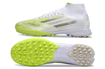 Men's Adidas F50 Pro Mid TF Football Shoes - White/Electric Lime/Neon Yellow