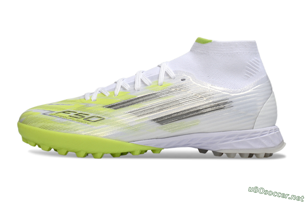 Men's Adidas F50 Pro Mid TF Football Shoes - White/Electric Lime/Neon Yellow 0