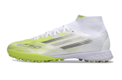 Men's Adidas F50 Pro Mid TF Football Shoes - White/Electric Lime/Neon Yellow
