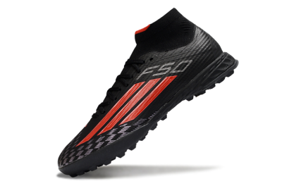 Men's Adidas F50 Pro Mid TF Football Shoes - Black/Fiery Red/Graphite Black