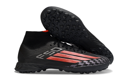 Men's Adidas F50 Pro Mid TF Football Shoes - Black/Fiery Red/Graphite Black