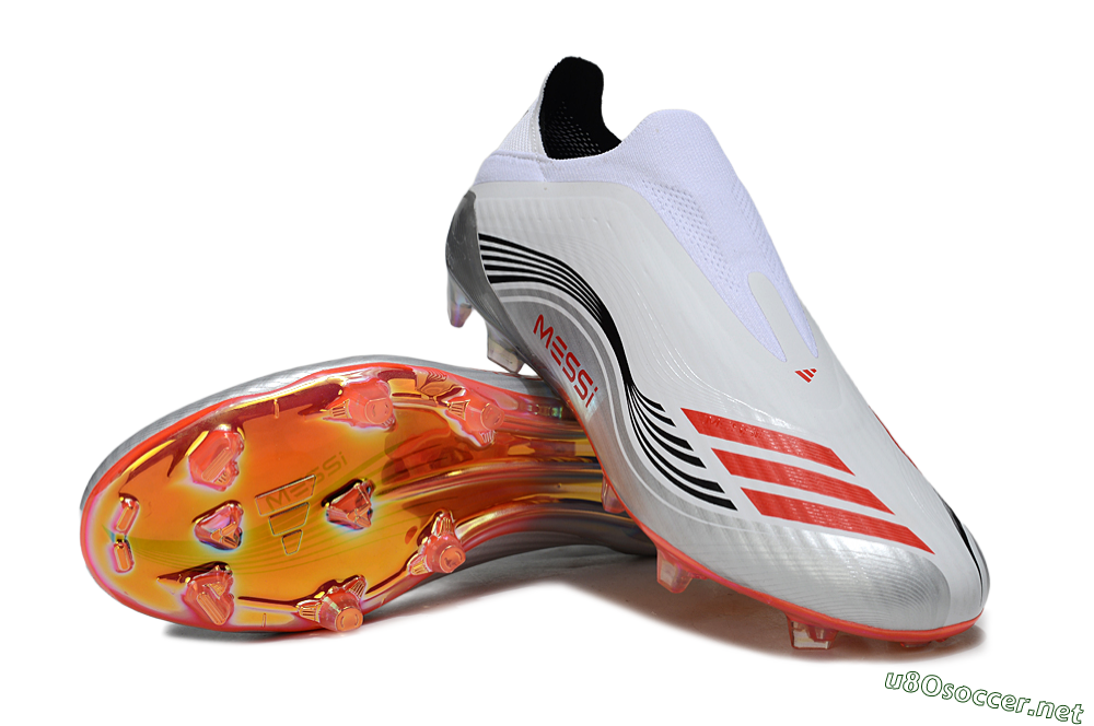 Men's Messi x Adidas F50 Elite Laceless FG Football Boots - White/Red Accent/Silver Shine 3