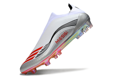Men's Messi x Adidas F50 Elite Laceless FG Football Boots - White/Red Accent/Silver Shine