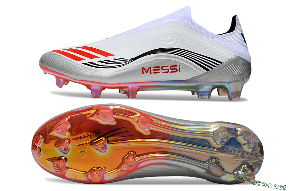 Men's Messi x Adidas F50 Elite Laceless FG Football Boots - White/Red Accent/Silver Shine 1