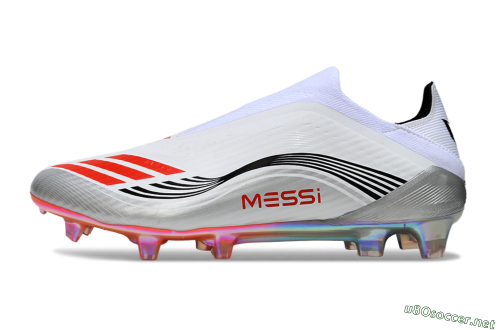 Men's Messi x Adidas F50 Elite Laceless FG Football Boots - White/Red Accent/Silver Shine 0