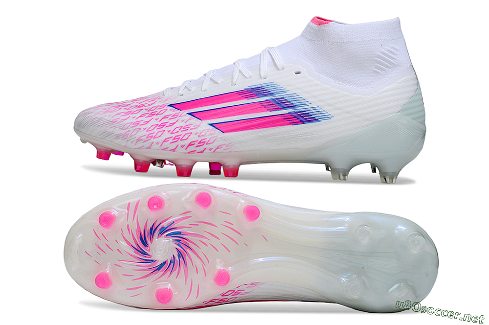 Men's Adidas F50 Elite Mid FG Football Boots - White/Neon Pink/Cyan Blue 1