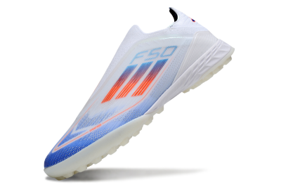 Unisex Adidas F50 Elite Laceless TF Football Shoes - White/Sky Blue/Coral Red