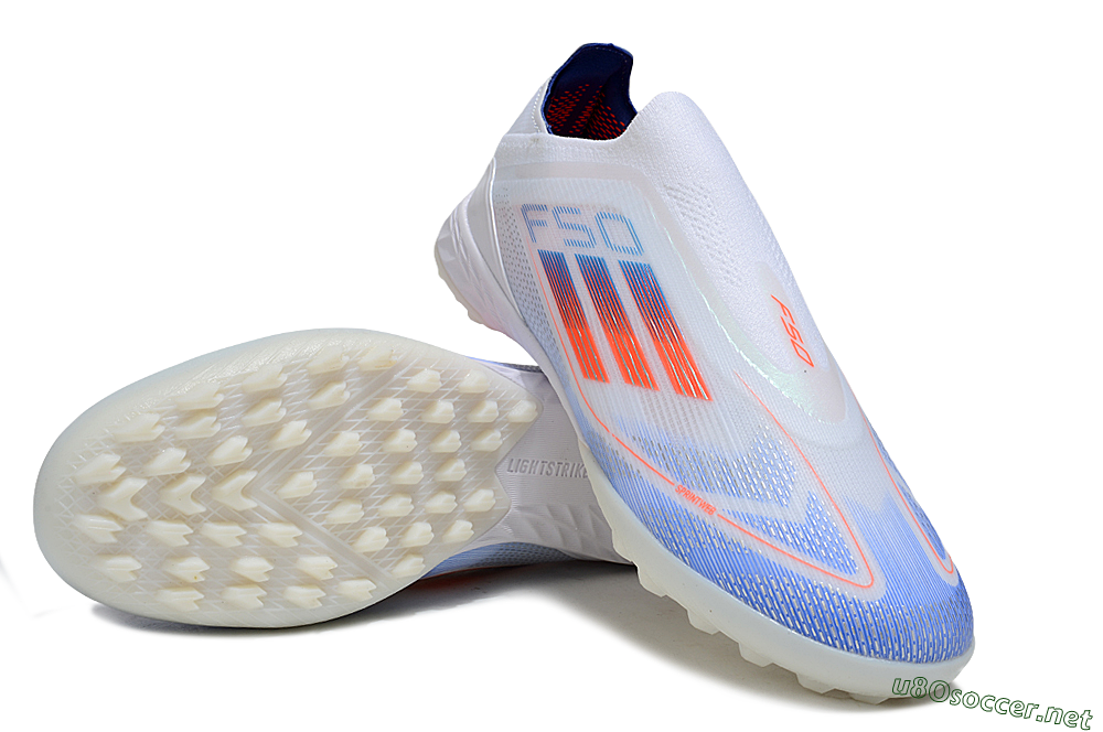 Unisex Adidas F50 Elite Laceless TF Football Shoes - White/Sky Blue/Coral Red 3