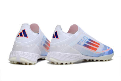 Unisex Adidas F50 Elite Laceless TF Football Shoes - White/Sky Blue/Coral Red