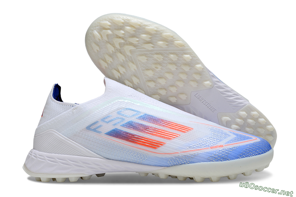 Unisex Adidas F50 Elite Laceless TF Football Shoes - White/Sky Blue/Coral Red 2