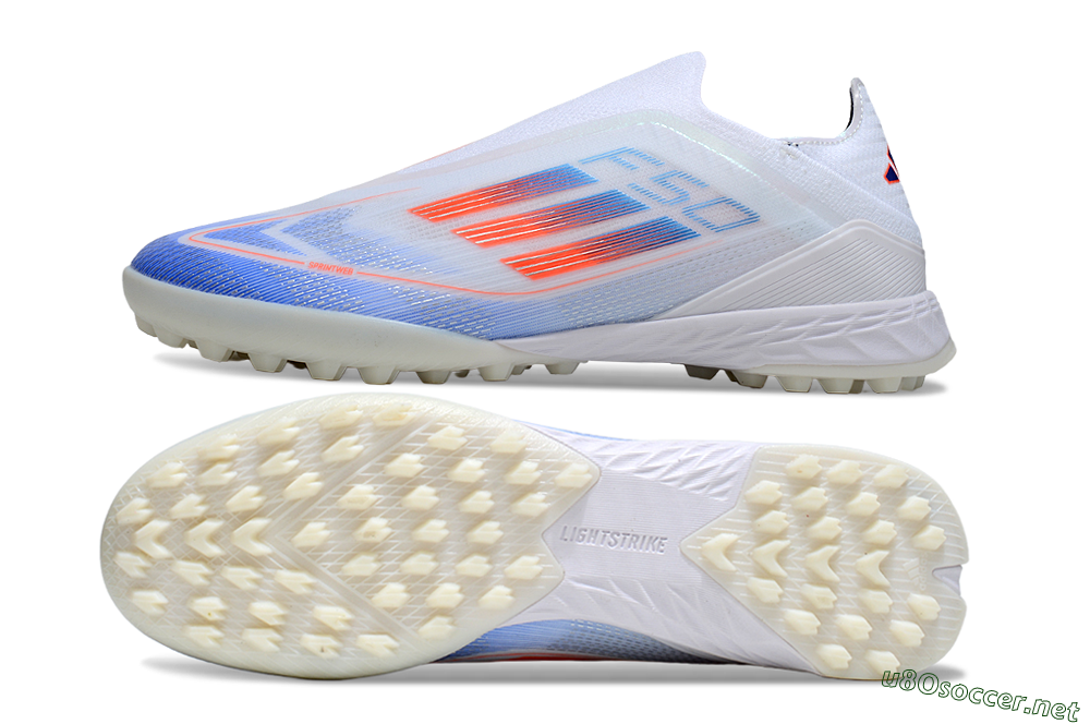 Unisex Adidas F50 Elite Laceless TF Football Shoes - White/Sky Blue/Coral Red 1