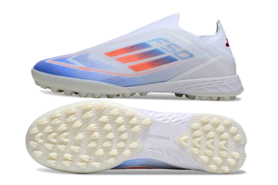 Unisex Adidas F50 Elite Laceless TF Football Shoes - White/Sky Blue/Coral Red