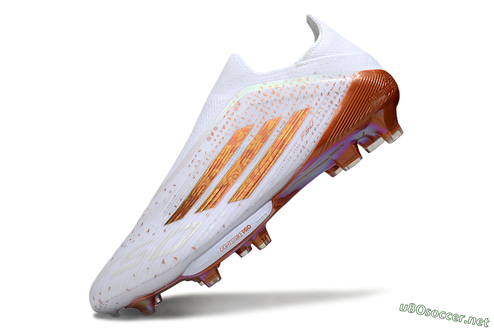 Men's Adidas F50 Lightstrike Pro Laceless FG Football Boots - White/Amber Glow/Metallic Orange 5