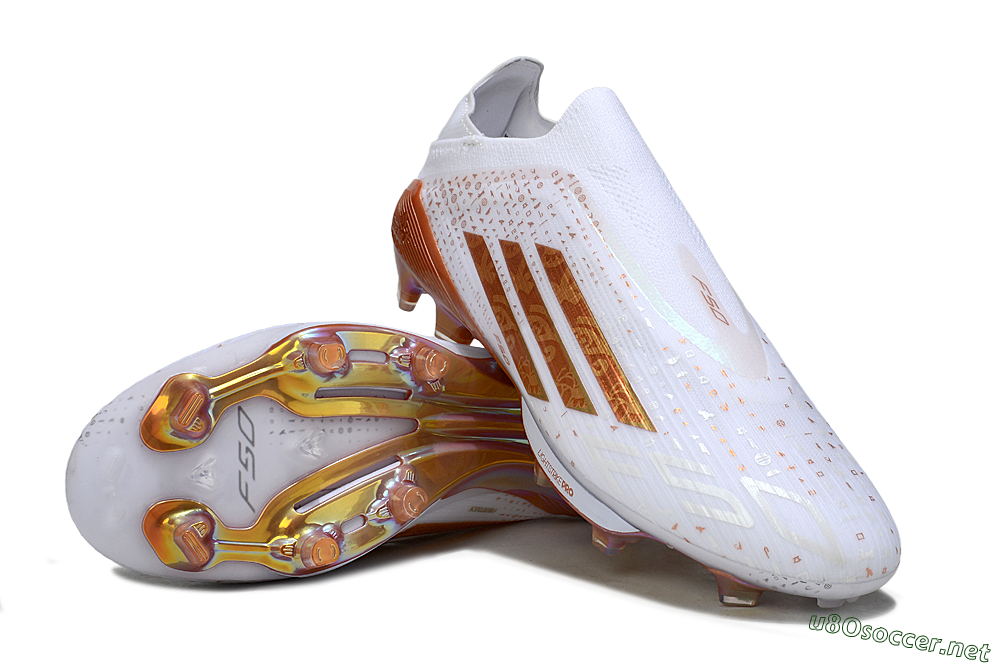Men's Adidas F50 Lightstrike Pro Laceless FG Football Boots - White/Amber Glow/Metallic Orange 3