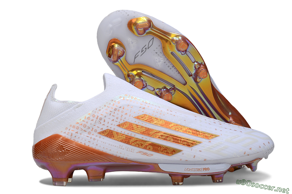 Men's Adidas F50 Lightstrike Pro Laceless FG Football Boots - White/Amber Glow/Metallic Orange 2