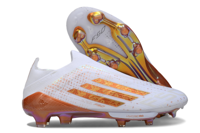 Men's Adidas F50 Lightstrike Pro Laceless FG Football Boots - White/Amber Glow/Metallic Orange