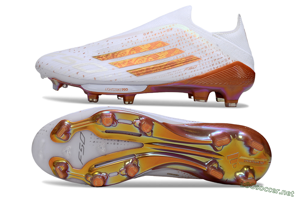 Men's Adidas F50 Lightstrike Pro Laceless FG Football Boots - White/Amber Glow/Metallic Orange 1