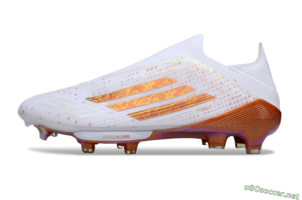 Men's Adidas F50 Lightstrike Pro Laceless FG Football Boots - White/Amber Glow/Metallic Orange 0