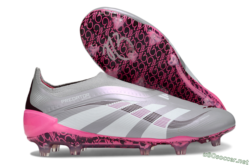 Men's Adidas Predator 25 Elite Laceless FG Football Boots - Gray/Electric Pink/Graphite Gray 2