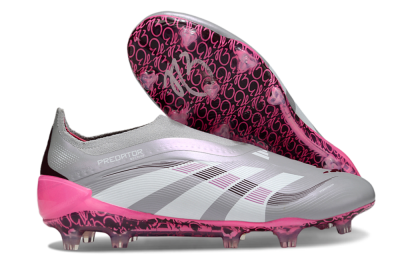 Men's Adidas Predator 25 Elite Laceless FG Football Boots - Gray/Electric Pink/Graphite Gray