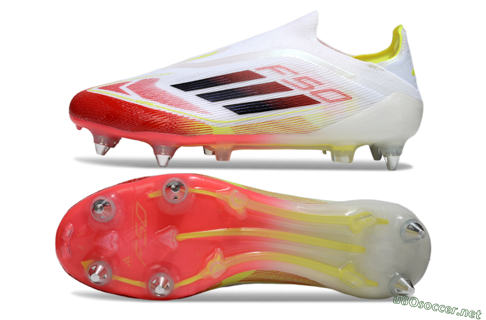 Men's Adidas F50 Elite Laceless SG Football Boots - White/Red Blaze/Volt Yellow 1