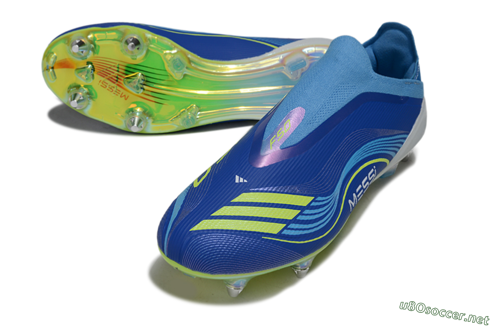 Men's Messi x Adidas F50 Elite Laceless SG Football Boots - Blue/Electric Yellow/Deep Blue 3