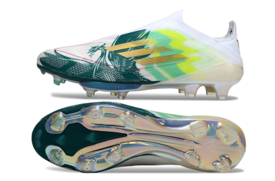 Men's Adidas F50+ Elite Lightstrike Pro Laceless FG Football Boots - White/Neon Green/Sapphire Blue