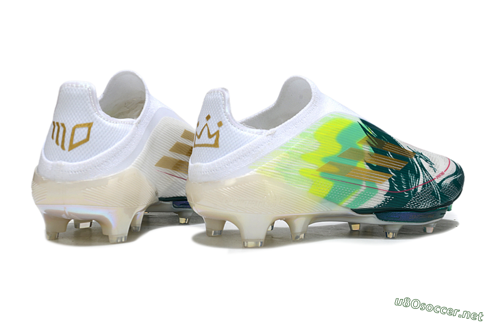 Men's Adidas F50+ Elite Lightstrike Pro Laceless FG Football Boots - White/Neon Green/Sapphire Blue 5