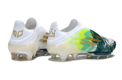 Men's Adidas F50+ Elite Lightstrike Pro Laceless FG Football Boots - White/Neon Green/Sapphire Blue