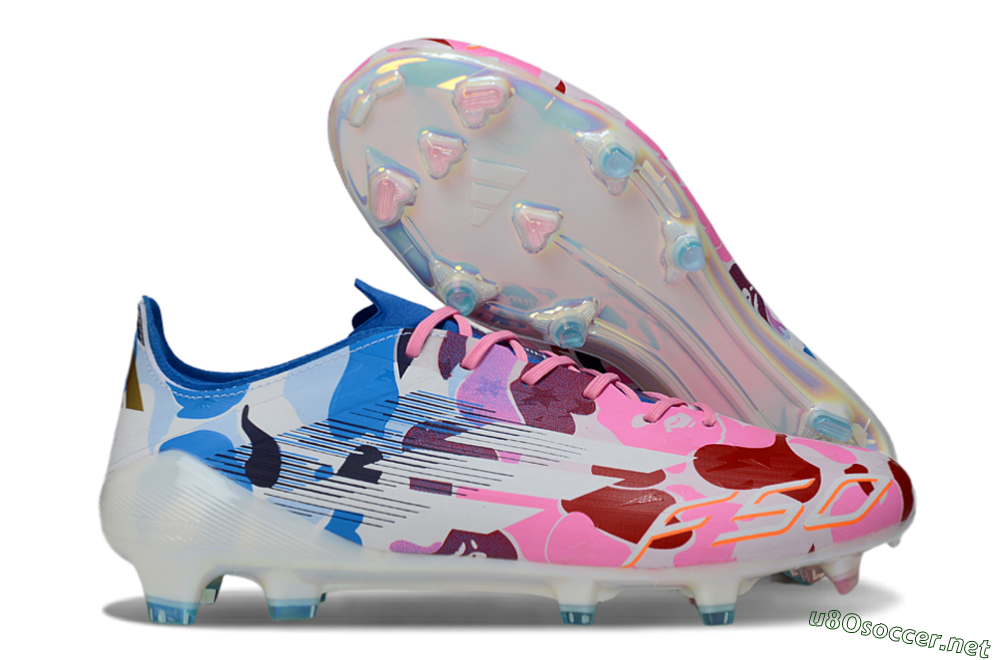 Unisex Adidas F50 Elite FG Football Boots - White/Bubblegum Pink/Denim Blue 2