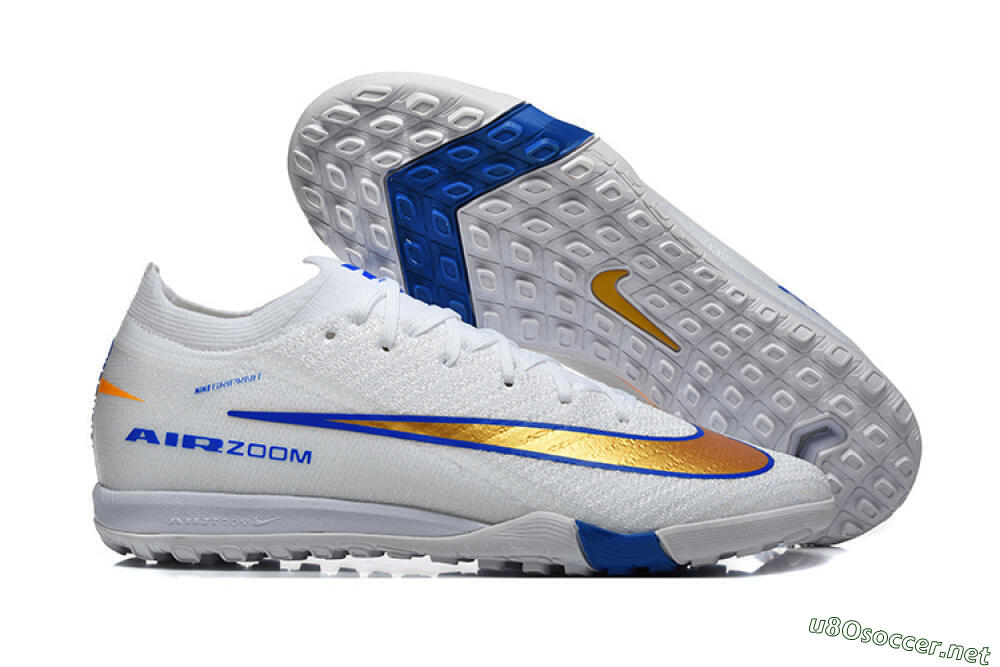 Men's Nike Air Zoom Mercurial Vapor 16 Elite TF Football Shoes - White/Electric Blue/Metallic Gold 2