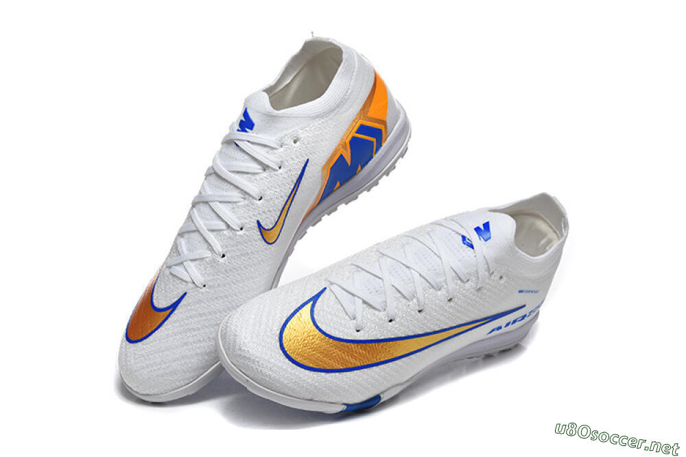 Men's Nike Air Zoom Mercurial Vapor 16 Elite TF Football Shoes - White/Electric Blue/Metallic Gold 6