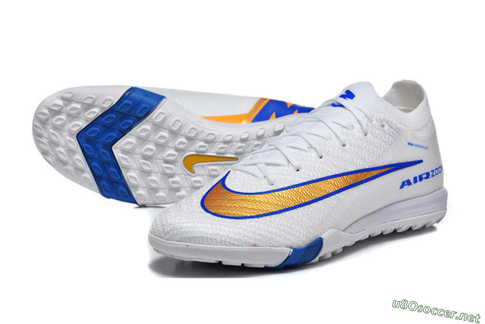 Men's Nike Air Zoom Mercurial Vapor 16 Elite TF Football Shoes - White/Electric Blue/Metallic Gold 3