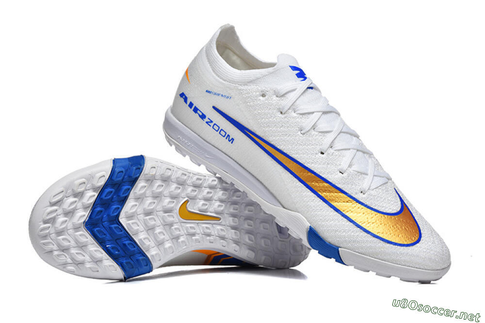Men's Nike Air Zoom Mercurial Vapor 16 Elite TF Football Shoes - White/Electric Blue/Metallic Gold 4