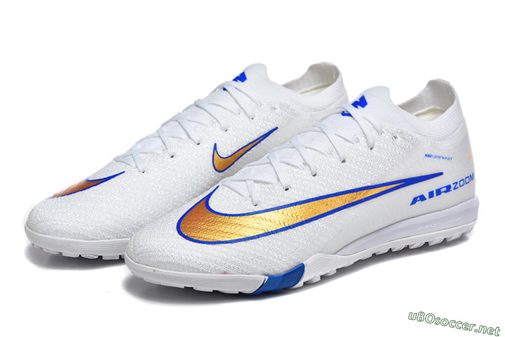 Men's Nike Air Zoom Mercurial Vapor 16 Elite TF Football Shoes - White/Electric Blue/Metallic Gold 5