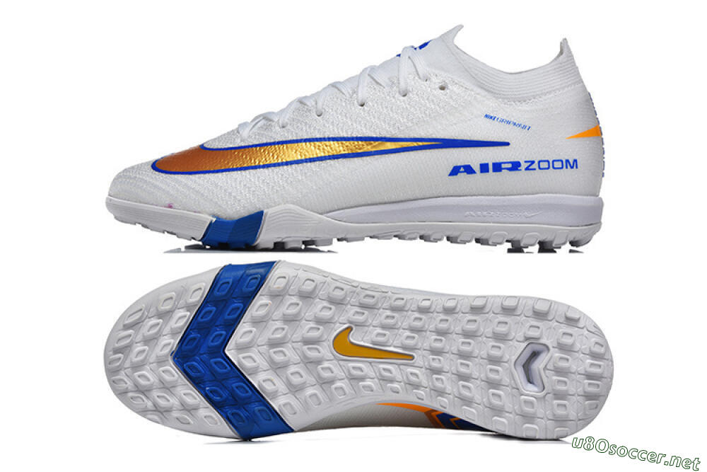 Men's Nike Air Zoom Mercurial Vapor 16 Elite TF Football Shoes - White/Electric Blue/Metallic Gold 1