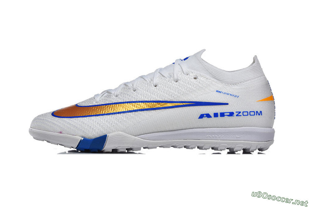Men's Nike Air Zoom Mercurial Vapor 16 Elite TF Football Shoes - White/Electric Blue/Metallic Gold 0