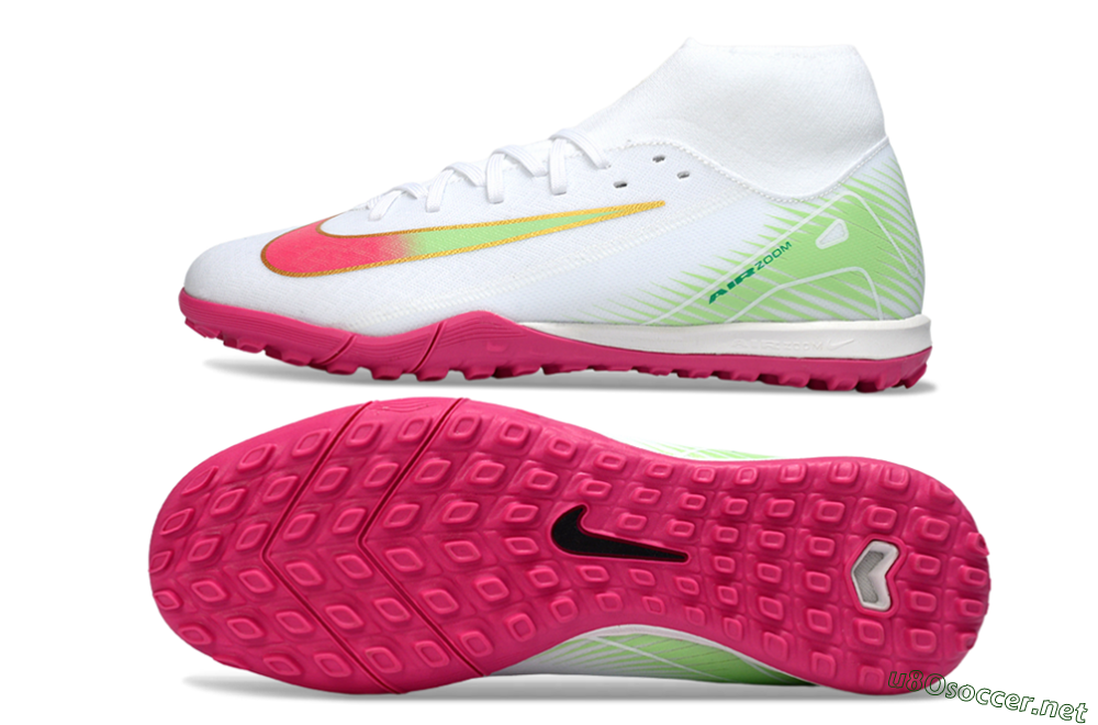Men's Nike Air Zoom Mercurial Superfly 10 Academy TF Football Shoes - White/Vibrant Pink/Soft Green 1