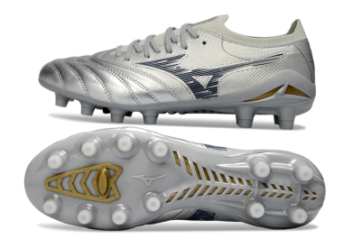 Men's Mizuno Morelia Neo 4 FG Football Boots - Silver/Metallic Silver/Yellow Accent
