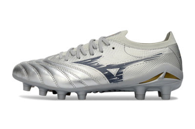 Men's Mizuno Morelia Neo 4 FG Football Boots - Silver/Metallic Silver/Yellow Accent