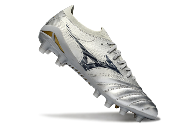 Men's Mizuno Morelia Neo 4 FG Football Boots - Silver/Metallic Silver/Yellow Accent