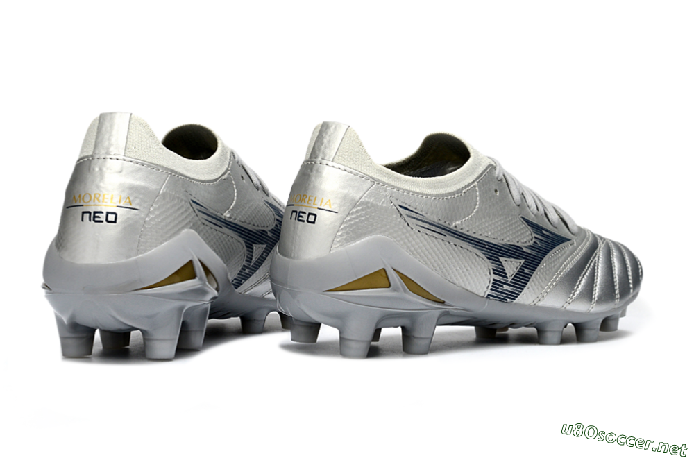 Men's Mizuno Morelia Neo 4 FG Football Boots - Silver/Metallic Silver/Yellow Accent 6