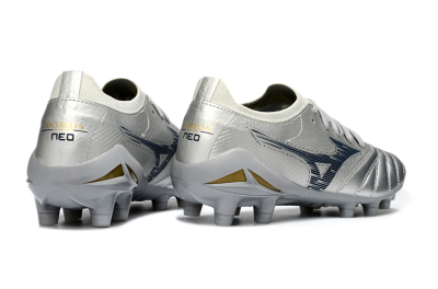 Men's Mizuno Morelia Neo 4 FG Football Boots - Silver/Metallic Silver/Yellow Accent